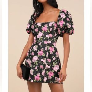 NWT PROM NWT Lulus Completely Beloved Black Floral Puff Sleeve Mini Dress Size S